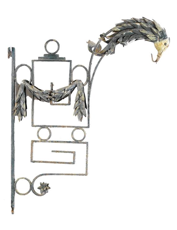 Appraisal: LANTERN WITH FORGED WALL BRACKET th century Wrought iron and