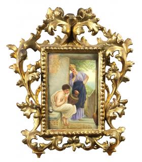 Appraisal: Framed Continental hand painted porcelain plaque entitled Kunst bringt Gunst