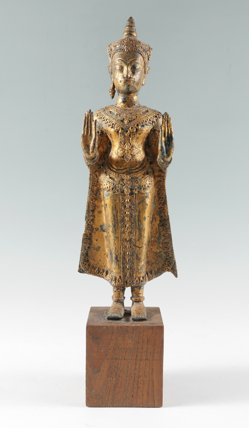 Appraisal: SINO-TIBETAN GILT DECORATED METAL STANDING BUDDHA Figural standing Buddha with