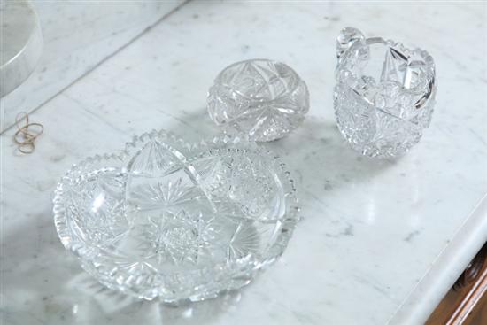 Appraisal: THREE PIECES OF SIGNED CUT GLASS A Fry dish ''