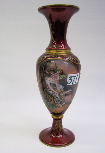 Appraisal: HAND PAINTED AND ENAMELED BUD VASE red enamel with painted