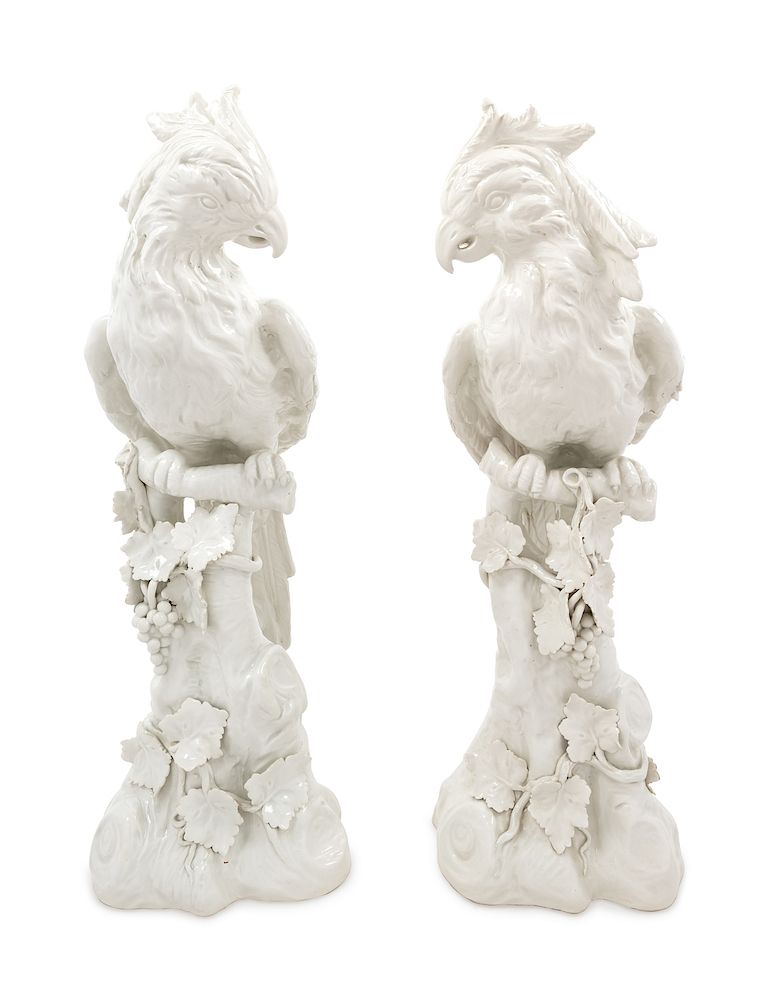 Appraisal: A Pair of Italian Blanc-de-Chine Porcelain Parrots A Pair of