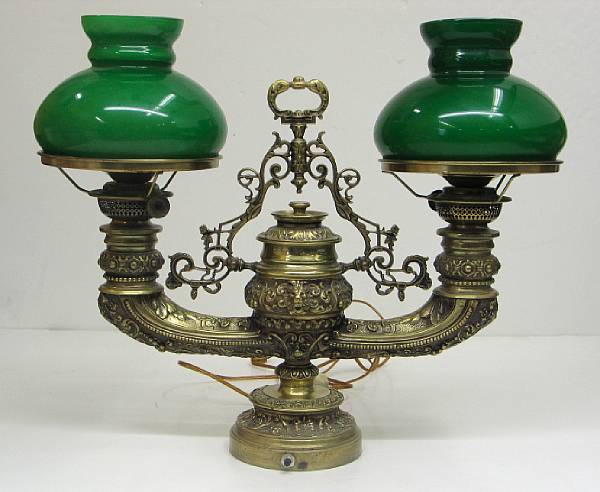 Appraisal: A Renaissance Revial cast brass two light oil lamp late