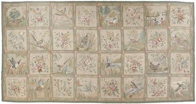 Appraisal: Chain-stitched rug square panels with alternating bird and floral designs