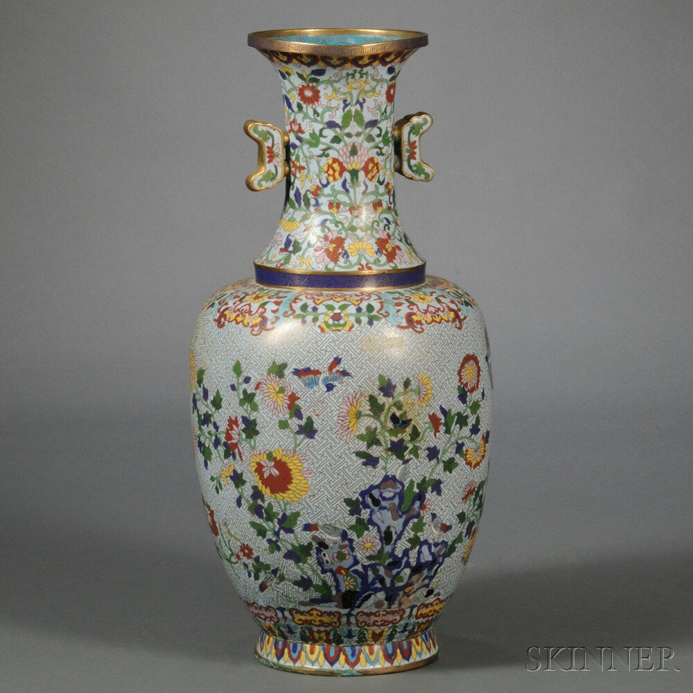 Appraisal: Cloisonne Eared Vase China th century baluster-shape with a long