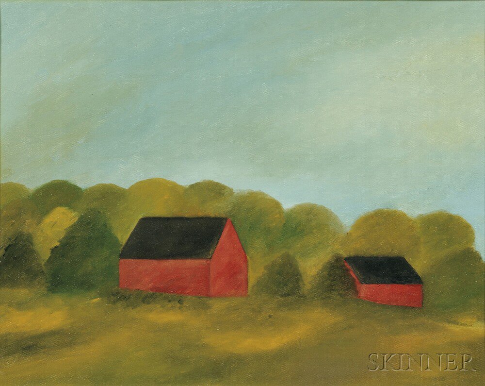 Appraisal: Maureen Gallace American b Red Barns Unsigned Oil on canvas