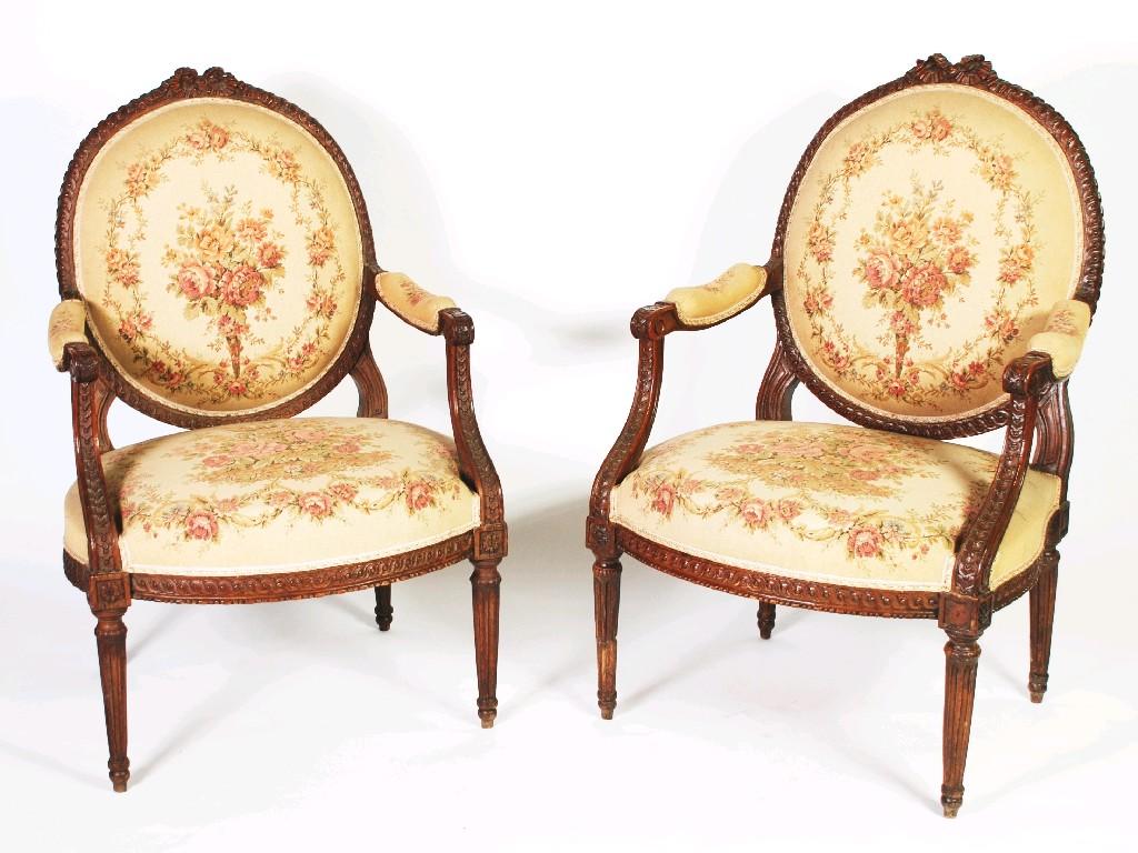 Appraisal: PAIR OF LOUIS XVI PERIOD BEECHWOOD FAUTEUIL RE-UPHOLSTERED IN AUBUSSON