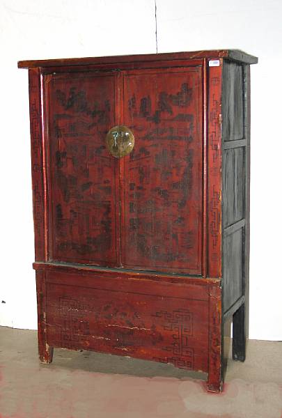 Appraisal: A red lacquered wood two-door cabinet With figure panels painted