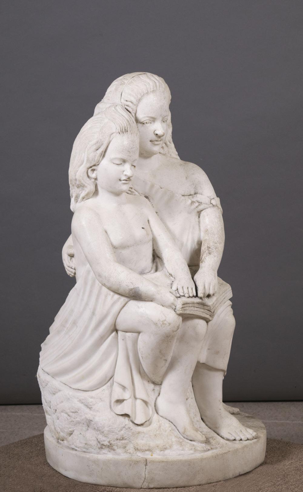 Appraisal: FIGURAL WHITE CARRARA MARBLE SCULPTURE the study of two seated