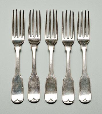 Appraisal: Five Charleston coin silver forks upturned tipt front fiddle handle