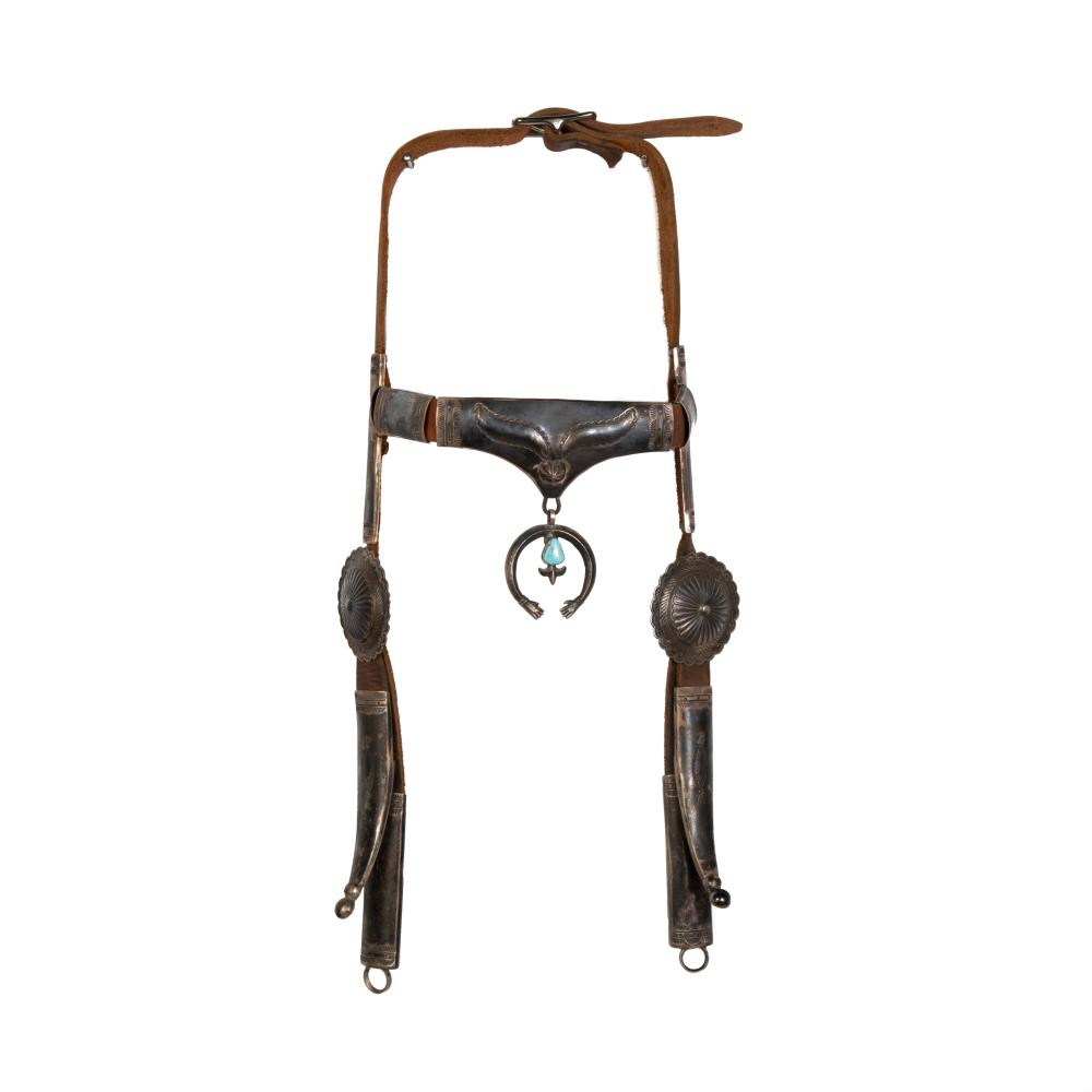 Appraisal: DIN NAVAJO LEATHER AND SILVER BRIDLE WITH SILVER AND TURQUOISE