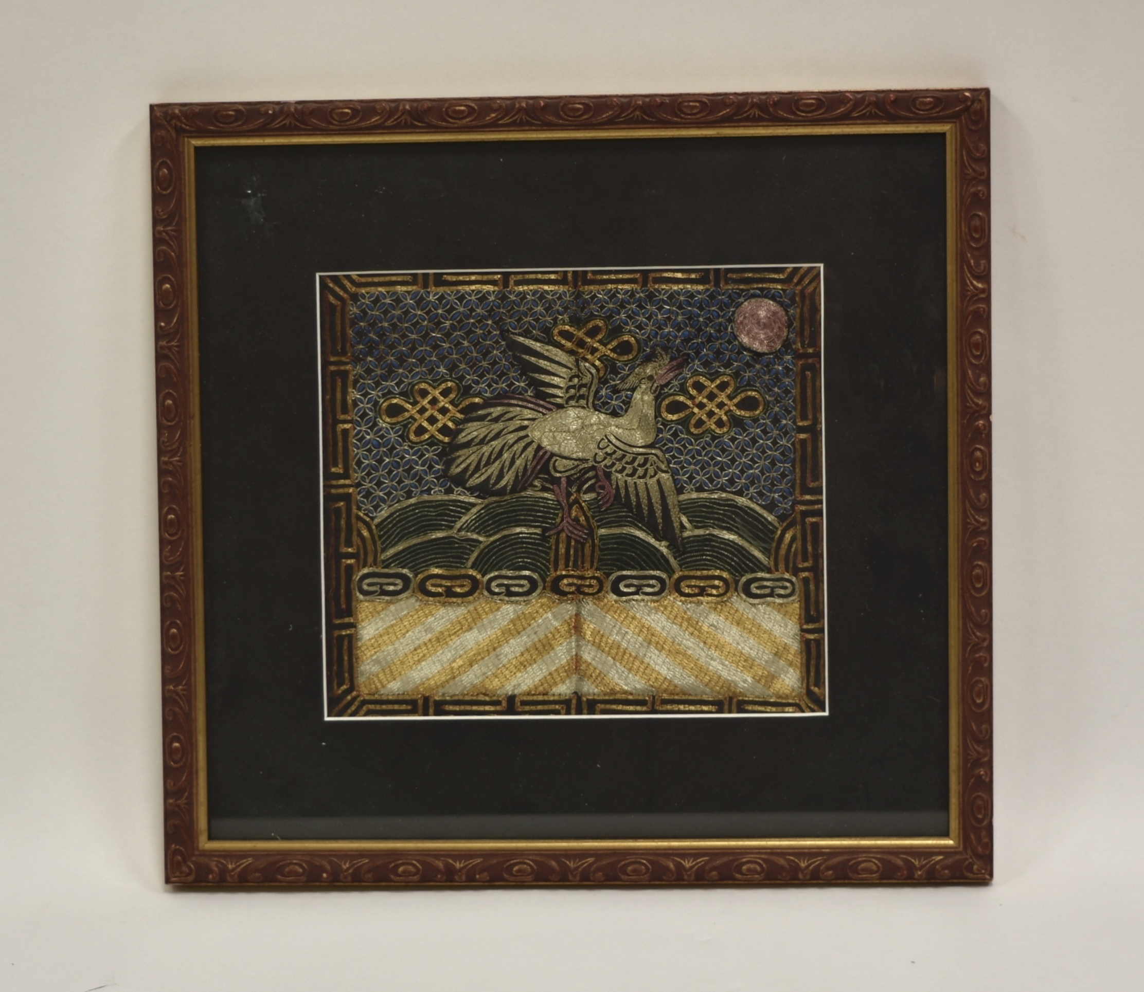 Appraisal: CHINESE FRAMED EMBROIDERY BUZI W CRANE QING D Chinese Qing