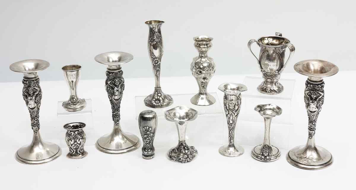 Appraisal: ART NOUVEAU STERLING SILVER VASES To include Whiplash The Merrill