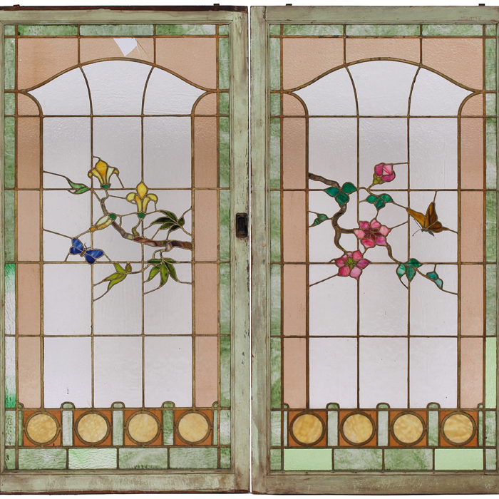 Appraisal: Good Arts and Crafts doors pair pocket doors with leaded