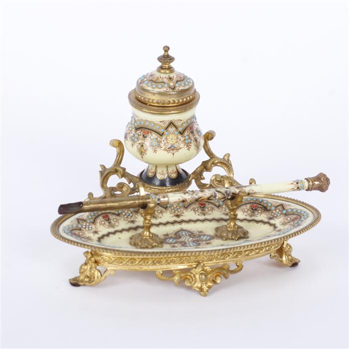 Appraisal: Continental gilt ormolu mounted enameled inkwell standish with raised and