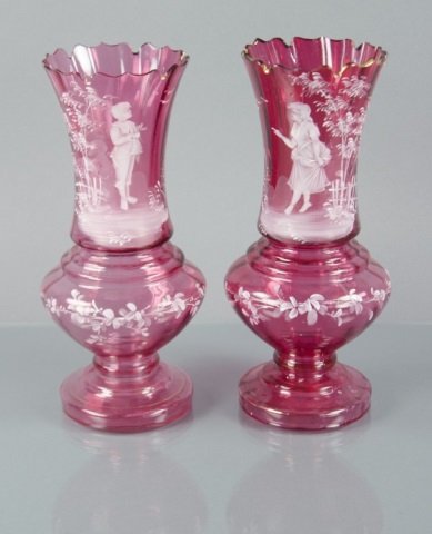 Appraisal: Matching Pair of Mary Gregory Mantle VasesCranberry decorated with white