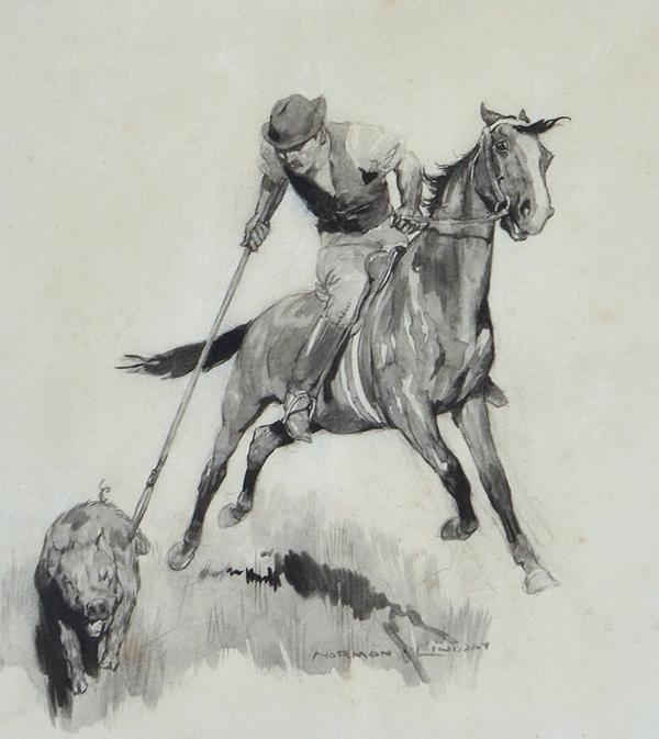 Appraisal: NORMAN LINDSAY - Sticking the Pig watercolour and wash NORMAN