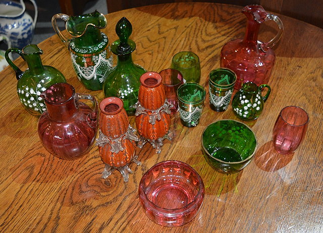 Appraisal: A collection of glass variousVictorianincluding a cranberry jug green glass