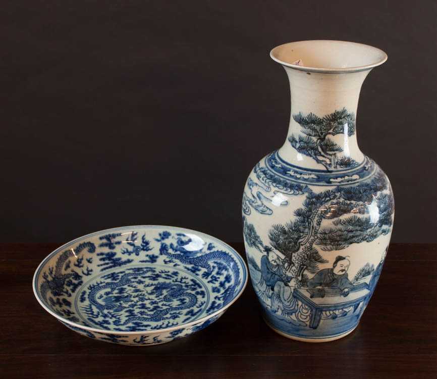 Appraisal: TWO CHINESE BLUE AND WHITE PORCELAINS Qing charger with dragon