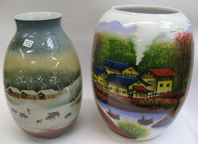 Appraisal: TWO HAND PAINTED CHINESE PORCELAIN FLOOR VASES the larger decorated