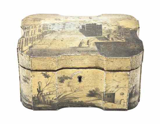 Appraisal: A French Painted Wood Tea Caddy the shaped rectangular top