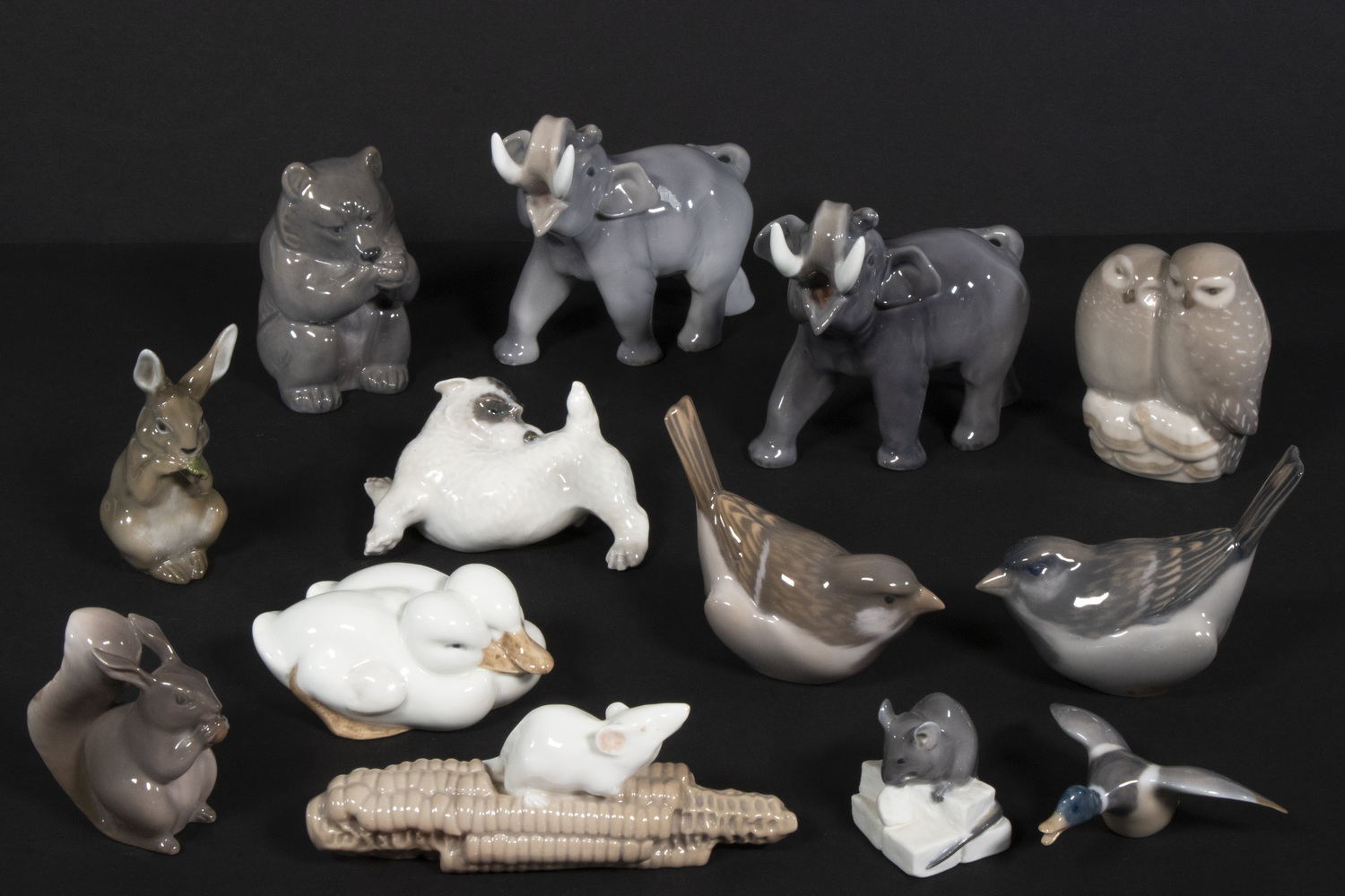 Appraisal: ROYAL COPENHAGEN ANIMAL FIGURINE COLLECTION Danish Porcelain Figurines incl Elephants