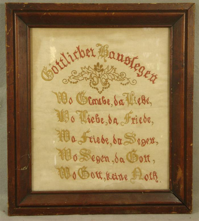 Appraisal: Embroidered needlework panel with German inscription Gottlirber Houstegen th c