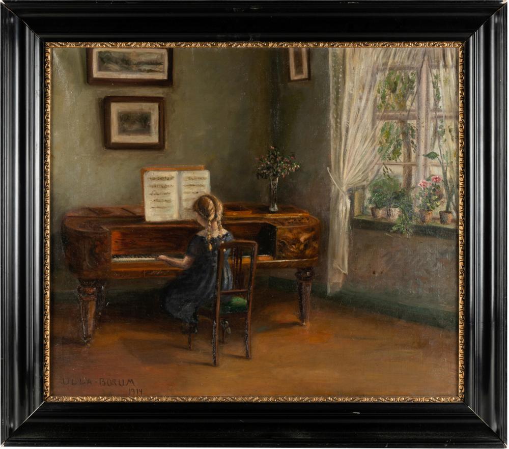 Appraisal: PIANO PRACTICE oil on canvas signed Ulla-Borum lower left Condition