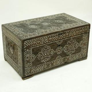 Appraisal: Antique Hand Carved Anglo-Indian Mother of Pearl Inlaid Chest Mounted