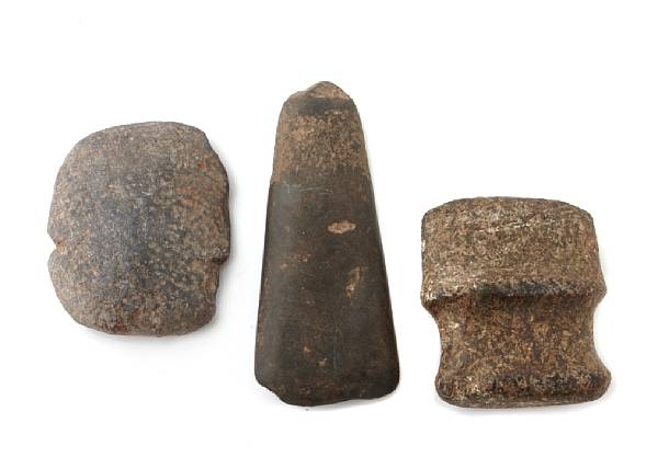 Appraisal: Without Reserve Group of three primitive hand axes with possible