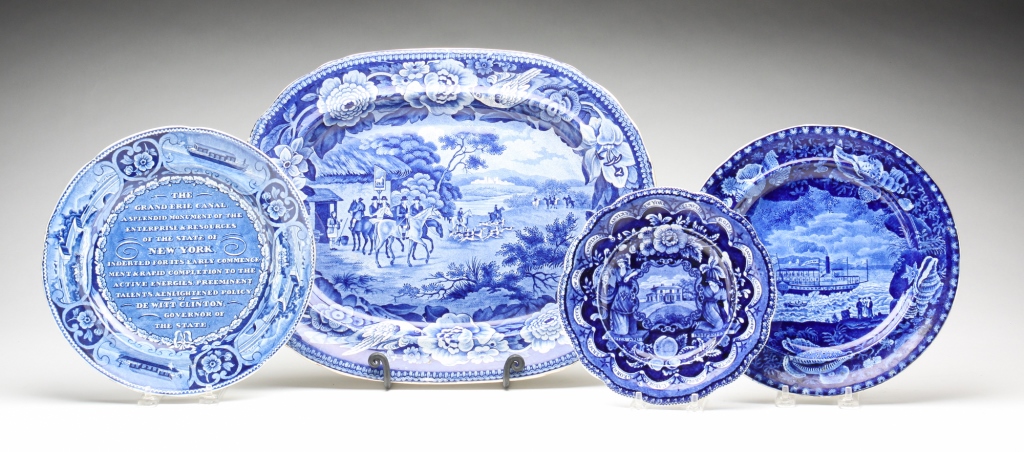 Appraisal: FOUR PIECES OF HISTORICAL BLUE STAFFORDSHIRE England ca s Platter