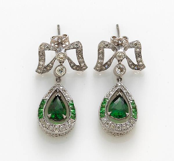 Appraisal: A pair of diamond and tsavorite pendant earrings estimated total