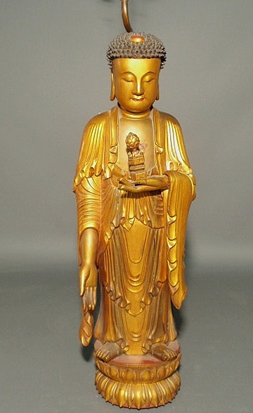 Appraisal: Carved wood Buddha with gilt paint decoration h converted to