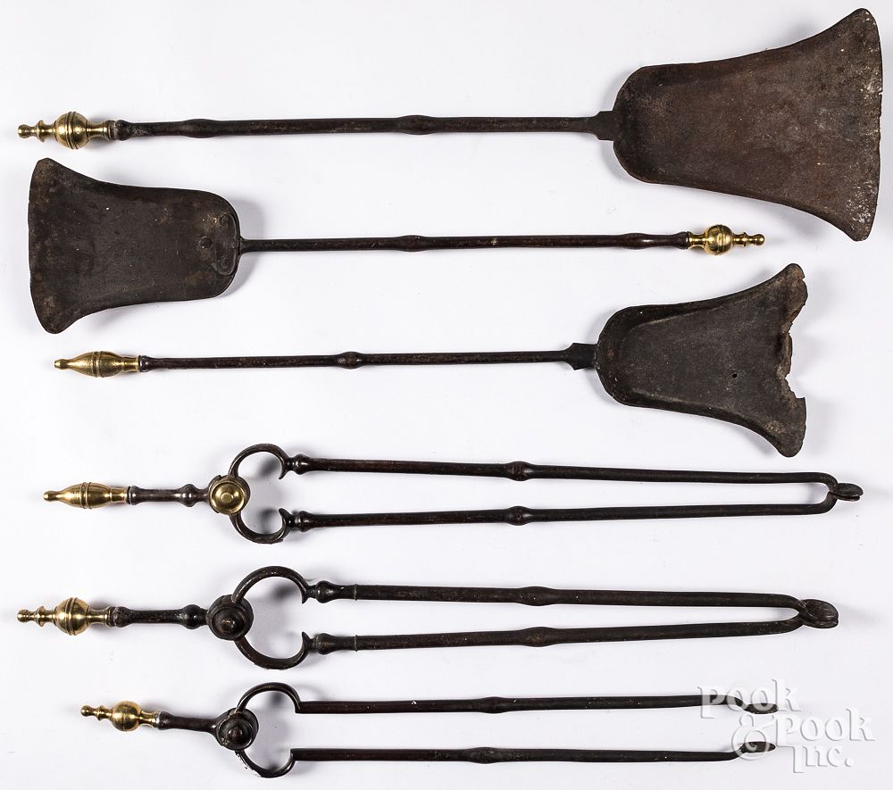 Appraisal: Three pairs of Chippendale iron fireplace tools Three pairs of