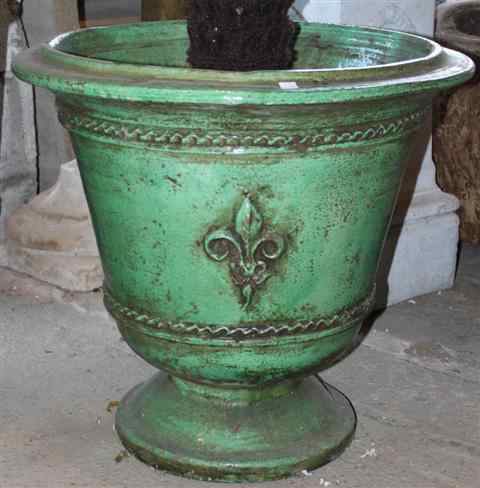 Appraisal: PAIR OF FRENCH ANDUZE GREEN GLAZED URNS cast with fleur