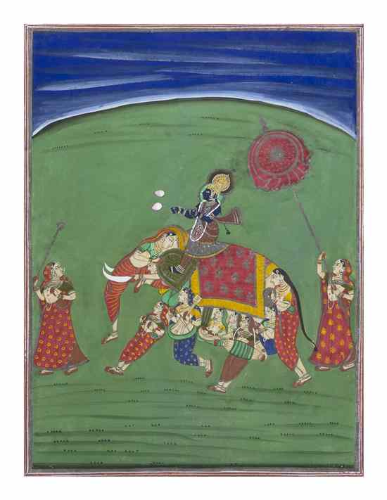 Appraisal: A Hindu Gouache Painting Rajasthani School depicting Krishna riding an