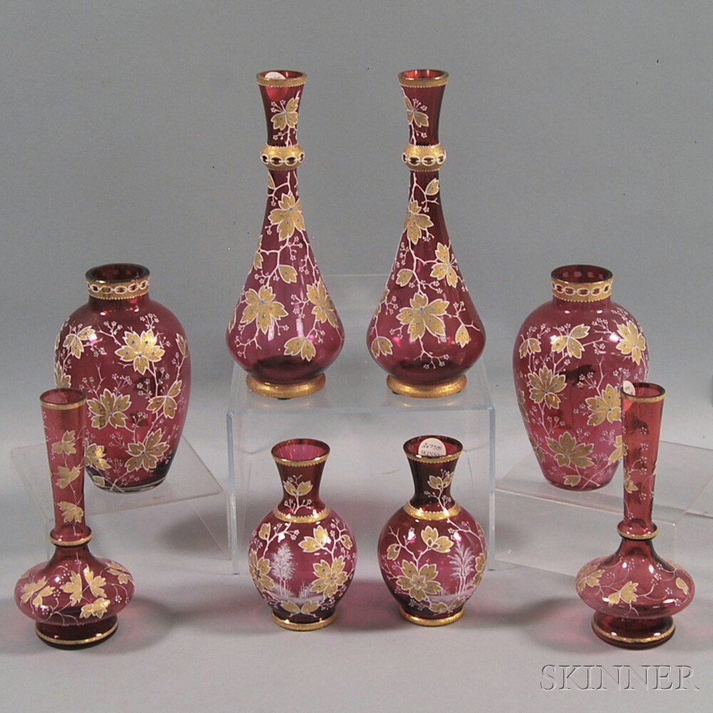 Appraisal: Four Pairs of Moser-type Cranberry Glass Vases th th century