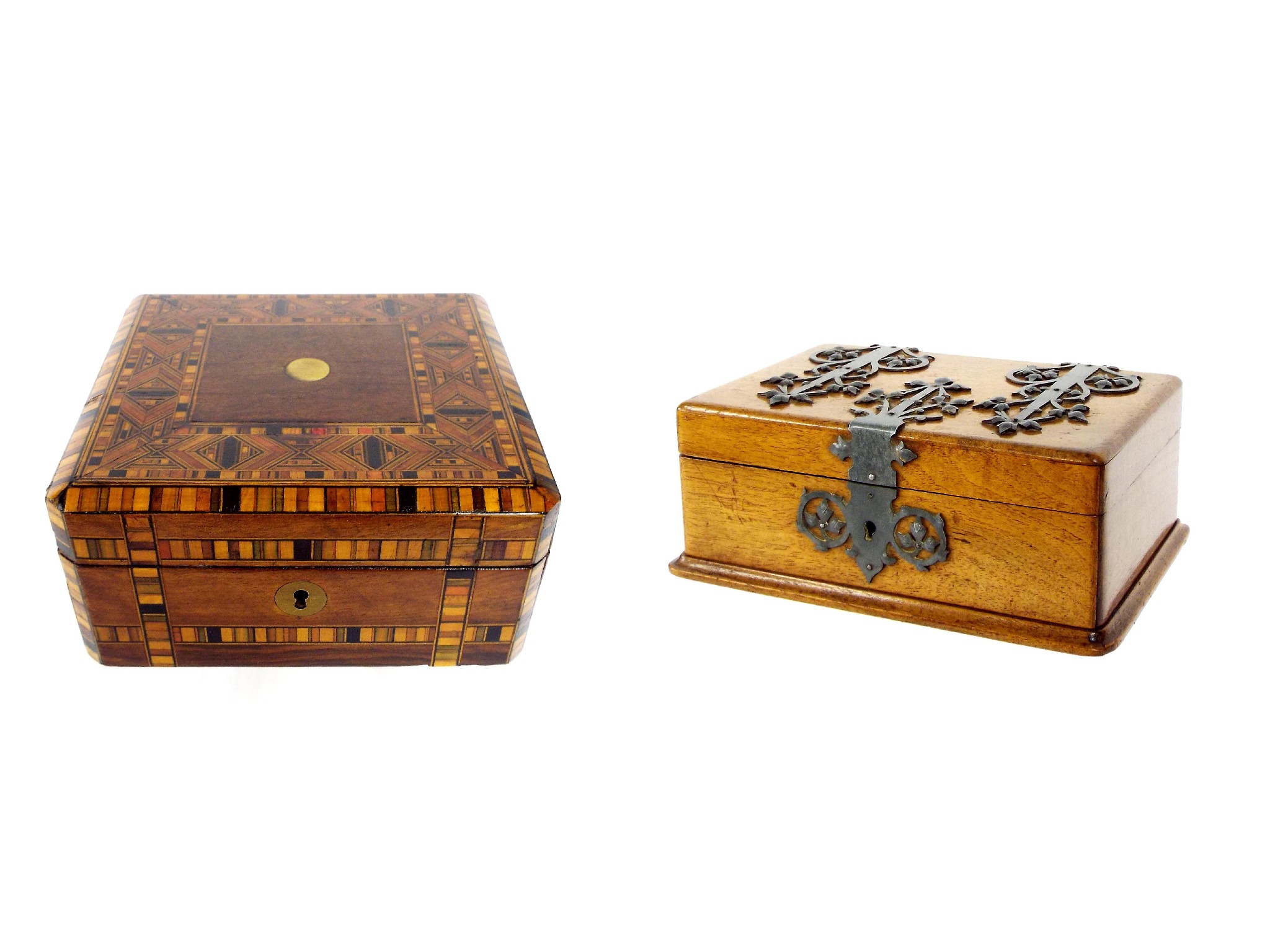 Appraisal: th century parquetry inlaid square workbox together with a walnut