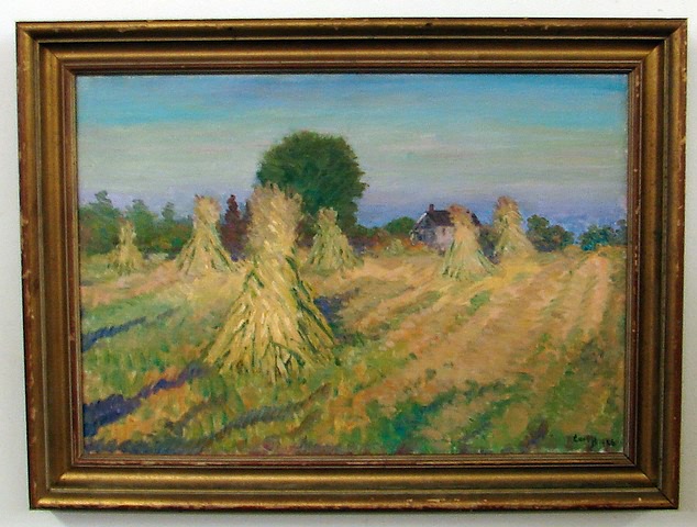 Appraisal: Corn Shocks harvest scene oil on board x SLR Carl