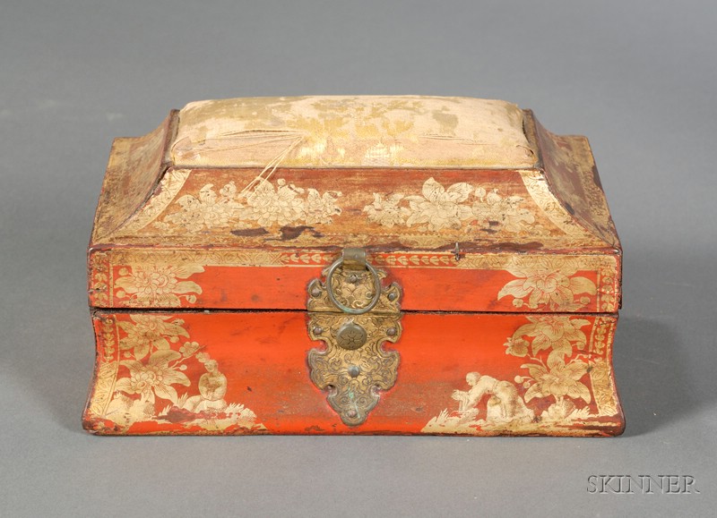 Appraisal: Chinoiserie Decorated Red Lacquer Sewing Box France th century rectangular