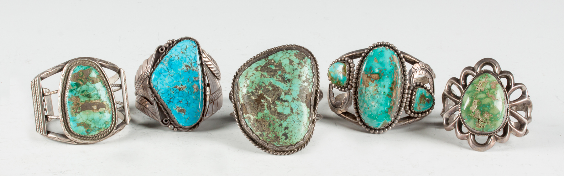 Appraisal: Five Vintage Navajo Silver Turquoise Bracelets ozt incl stones One