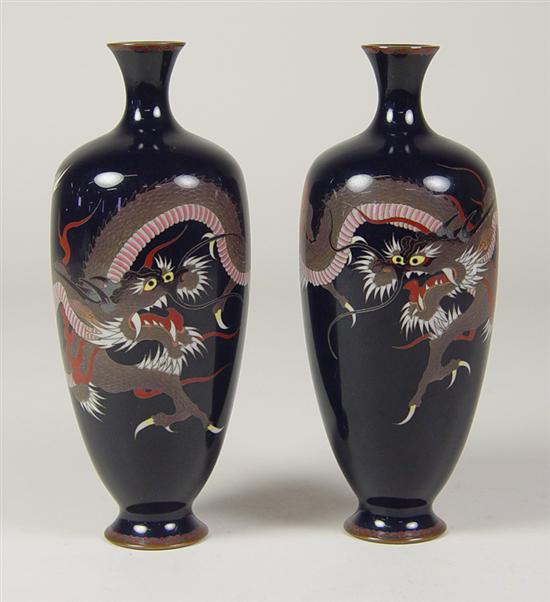 Appraisal: Pair of Japanese Cloisonn Vases Ovoid body tapering to a