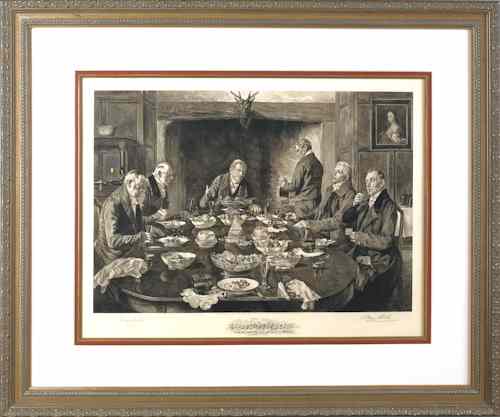 Appraisal: W Dendy Saddler signed print of gentlemen dining x