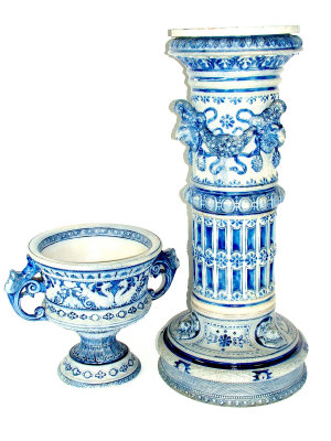 Appraisal: German salt glazed jardiniere on stand the jardiniere with scrolling