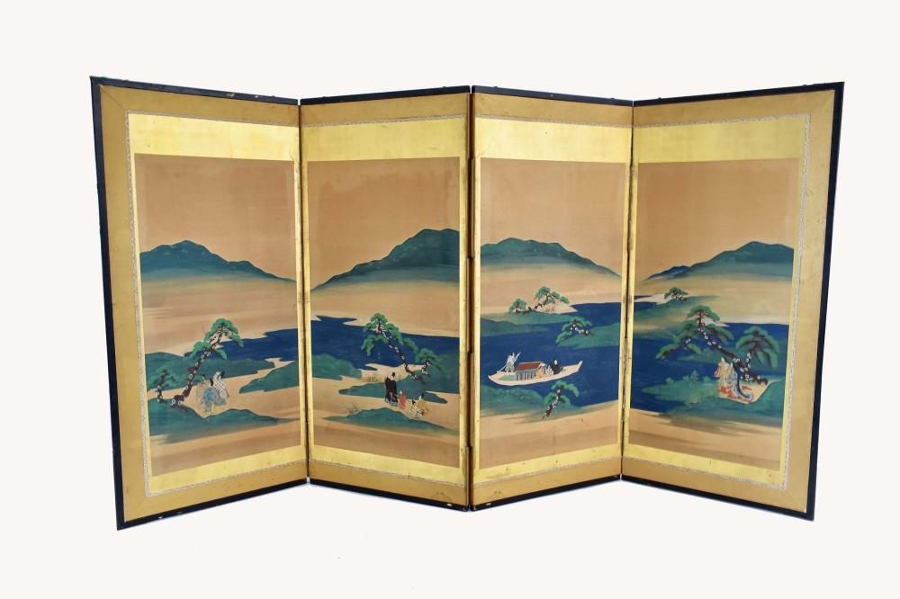 Appraisal: JAPANESE PAINTED AND GILT FOUR-FOLD PAPER SCREENMeiji Period Decorated with