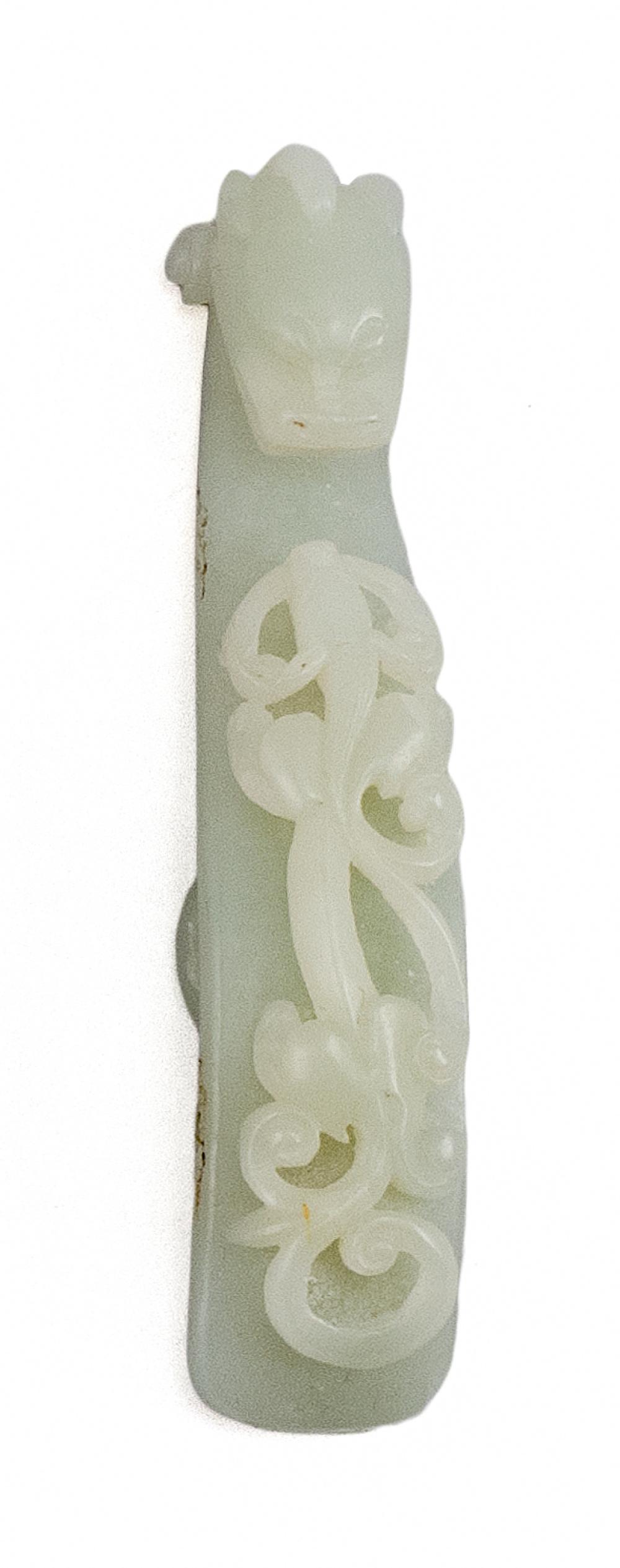 Appraisal: CHINESE CARVED CELADON JADE GIRDLE HOOK LENGTH CHINESE CARVED CELADON