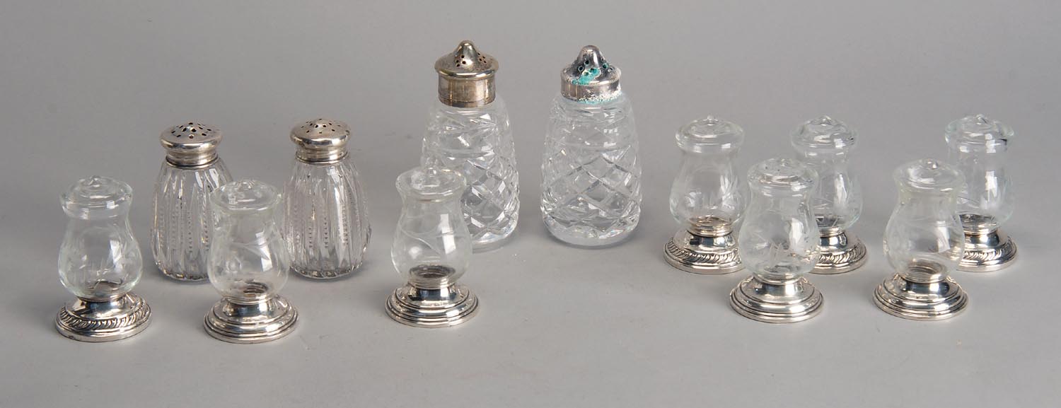 Appraisal: TWELVE STERLING SILVER AND CRYSTAL SALT PEPPER SHAKERS by various