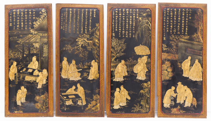 Appraisal: Set Chinese Qing Lacquered Wood Panels ''x '' A quad