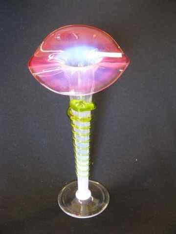 Appraisal: Victorian Art Glass Jack-in-the-pulpit Vase cranberry opalescent with emerald ''snake''