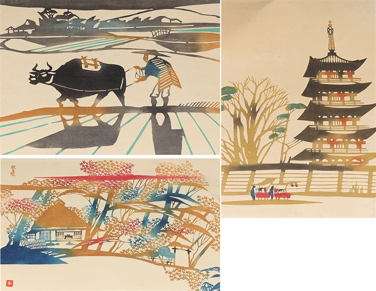 Appraisal: Group of three Japanese woodblocks each with seal mark largest